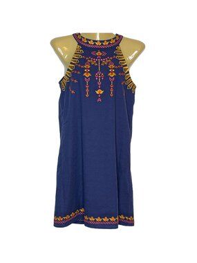 New THML Bohemian Embroidered Halter Shift Dress Blue Gold Orange Pink Size XS